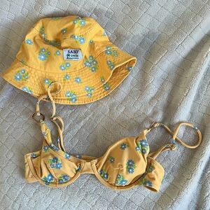 Sabo Swim yellow/blue daisy bikini top & matching hat